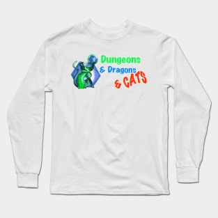 Dungeons, dragons, cats and a D20 Long Sleeve T-Shirt